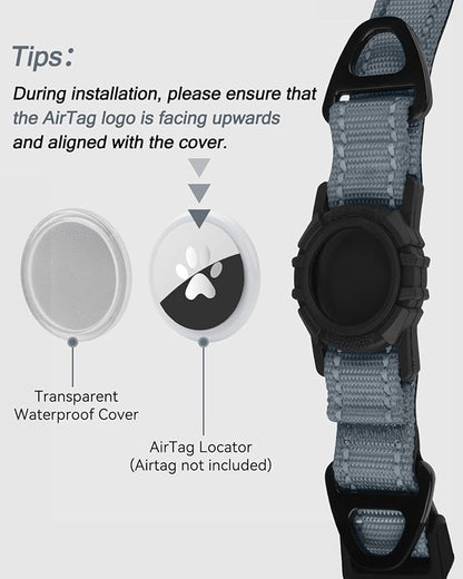 Joytale Airtag Dog Collar, Reflective Pet Collar with Waterproof AirTag Holder, Dual D-Rings, Soft Padded Adjustable for Small Dogs, Gray, S