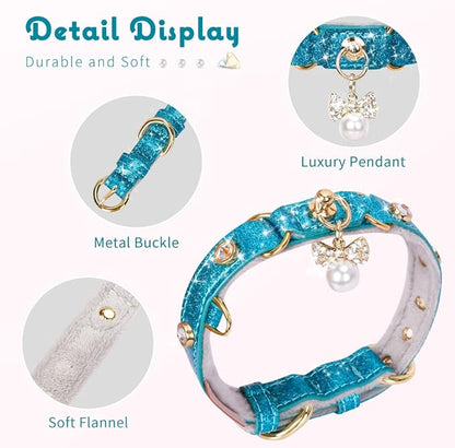 PetsHome Cat Collar, Dog Collar, [Bling Rhinestones] PU Leather Adjustable Pet Collar with Luxury Pendant for Big Cat and Small to Medium Dog Small Blue