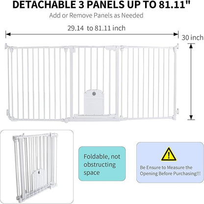 81.11" Extra Wide Baby Gate with Cat Door, Auto Close Pet Gates Dog Gate, Hardware Mounted Walk Through Swing Safety Baby Gates for Stairs, Doorways, Kitchen, House, 30" Tall, 3 Panels