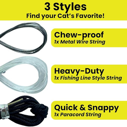 Replacement Strings for Cat Wands, 3 Pieces - Chew-Proof Metal Wire, Durable No Tangle Transparent Fishing Line and Paracord String - Heavy Chewers Refill Strings with Universal Clasps for All Toys