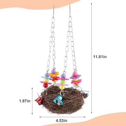 Hypeety Natural Rattan Nest Bird Swing Toy Colorful Flowers Bells for Budgie Parakeet Finch Lovebird Cockatiel (C)