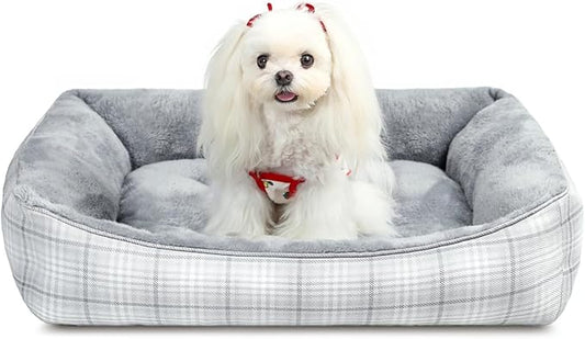 MIHIKK Rectangle Dog Beds for Small Medium Dogs & Cats, Orthopedic Sleeping Pet Bed for Couch with Durable Puppy Cuddler and Anti-Slip Bottom Machine Washable 25 * 21 Inch (Gray)
