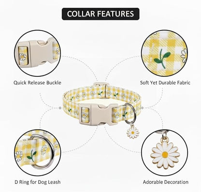 Cute Dog Collar, Yellow Plaid Dog Collar with White Floral Pattern, Spring Summer Design Floral Collar for Girls Boys Large Dogs