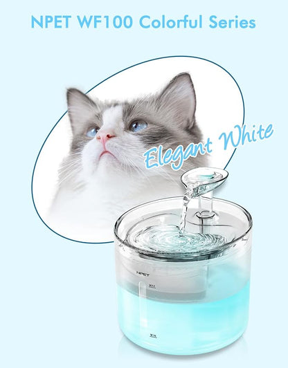 NPET WF100 Cat Fountain, 54oz/1.6L Automatic Pet Water Fountain Dog Water Dispenser with LED Light Quiet Pump for Cats & Small Dogs(Fountain+4 Filters +4 Sponges, White)