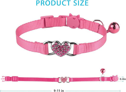 2 Pcs Cat Collars Heart Bling Breakaway with Bell Nylon Adjustable for Kitty (Pink+red)