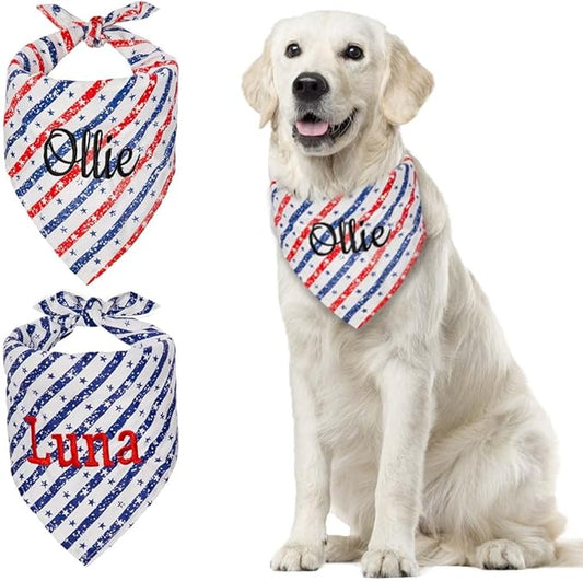 Personalized 4th of July Dog Bandana Embroidered Name Custom Neckwear Dog Scarf for Small Medium Large Dogs Cats Pets Birthday Gift