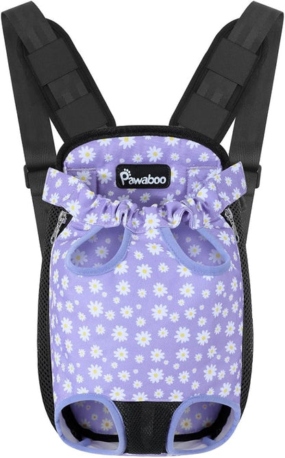 Pawaboo Pet Carrier Backpack, Adjustable Pet Front Cat Dog Carrier Backpack Purse Travel Bag, Legs Out, Easy-Fit for Traveling Hiking Camping for Small Medium Dogs, Medium Size, Black & Purple Daisy