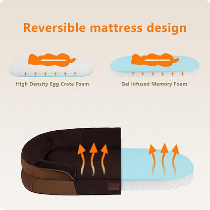 Dwanton Orthopedic Dog Bed for Large Dogs with Gel Memory Foam, Waterproof Dog Sofa, Washable Pet Bed with Four Sided Bolster Cushion, Removable Cover & Non-Slip Bottom, 42", Brown