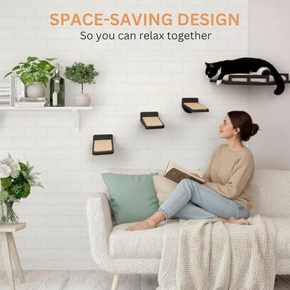 INICIO Cat Wall Shelves - Safe and Sturdy Cat Wall Furniture - Stylish Natural Wood Corner Shelf with 3 Steps for Cats up to 15lbs - Cushioned Perch and Stairs for Climbing and Playing - Black