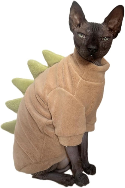 Dinosaur Sphynx Cat Clothes, Soft Polar Fleece Sweater for Cat, Elastic Pet Clothes Thick Winter Warm Outfit for Hairless Cat, Devon, Cornish, Small Dogs Apparel with Sleeves (Khaki, XX-Large)