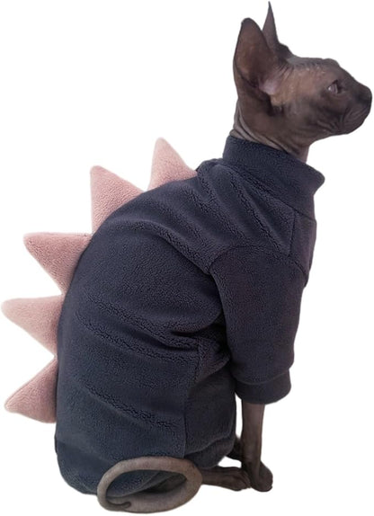 Dinosaur Sphynx Cat Clothes, Soft Polar Fleece Sweater for Cat, Elastic Pet Clothes Thick Winter Warm Outfit for Hairless Cat, Devon, Cornish, Small Dogs Apparel with Sleeves (Grey, Small)