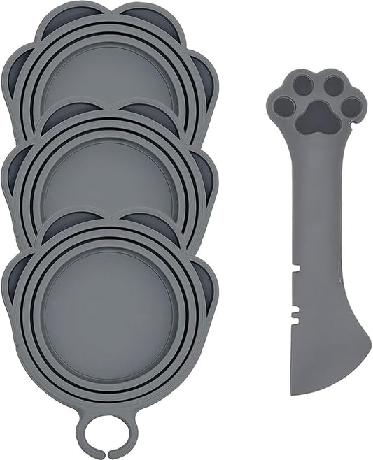 3 Pcs Cat Food Can Covers & One Can Opener | Cute Paw Shape Lids and Opener Spatula Cat Wet Food Spoon | Universal BPA Free Silicone Spoon & Covers for Dog Cat Cans(Grey)