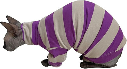 Vintage Stripes Sphynx Hairless Cats Shirt Cotton Cat Turtleneck Pet Clothes Kitten T-Shirts with Sleeves for Sphynx Cats (Wide Purple Grey Stripe, Medium)