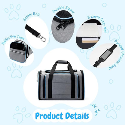 Double Expandable Cat Carrier,Airline Approved Soft-Sided Pet Travel Carrier for Small Dogs Cats under 15 lbs,Waterproof 600D Oxford Fabric with Washable Replacement Liner,Odor-Free & Claw-Proof(Blue)