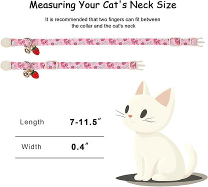 2 Pack Strawberry Cat Collars - Cute Girly Pink Breakaway Cat Collar with Bell & Matching Pendant, Adjustable Spring Summer Sweet Garden Kitten Collars for Girl Cats
