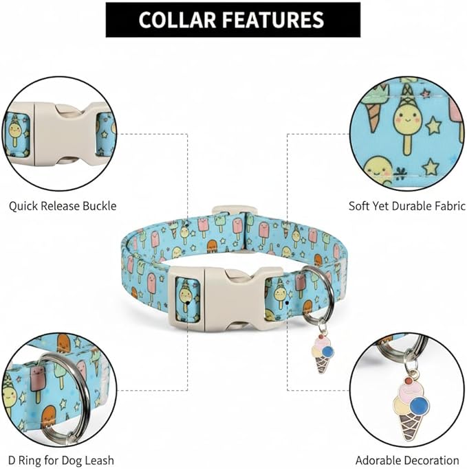 Cute Dog Collar, Girl Boy Dog Collar for Medium Dogs, Blue Collar with Ice Cream Print for Spring Summer, Adjustable Pet Collar Made of Soft Durable Fabric and Robust Buckle, M