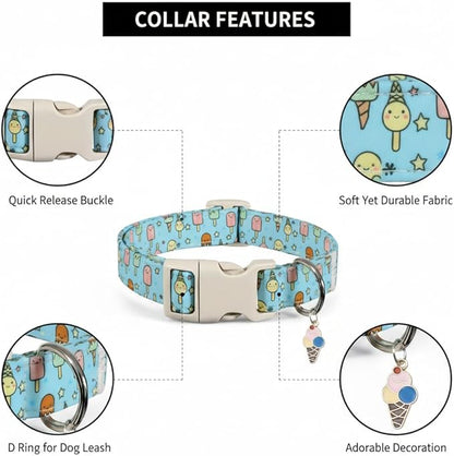 Cute Dog Collar, Girl Boy Dog Collar for Medium Dogs, Blue Collar with Ice Cream Print for Spring Summer, Adjustable Pet Collar Made of Soft Durable Fabric and Robust Buckle, M