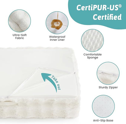 Orthopedic Dog Bed for Medium Small Size Dog, Soft and Warm Faux Fur Sofa for Pet Up to 40 lbs, Foam Bolster Anti-Slip Couch with Washable Removable Cover, M 30x20x6.5 inch, Beige