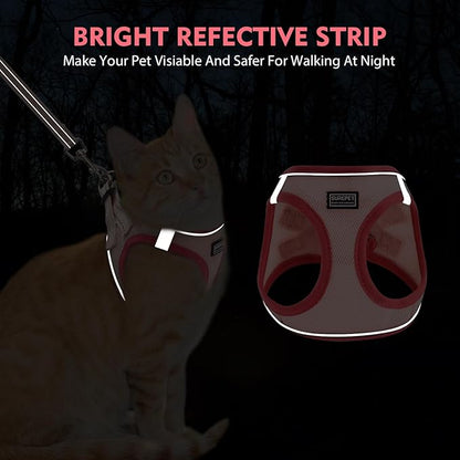 Cat Harness and Leash Set, Soft and Breathable Vest with Reflective Strip, Escape Proof Kitten Harness, Easy to Wear for Cats Walking and Traveling (Red, S)