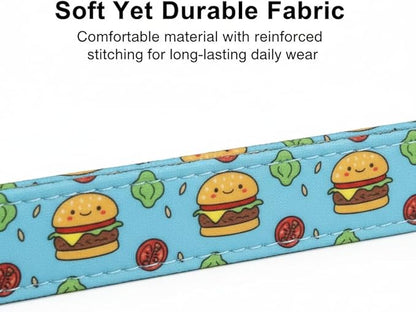 Cute Dog Collar, Blue Dog Collar with Burger Pattern and Cute Charm, Puppy Collar with Quick Release Buckle and Durable Fabric, Suitable for Small Dogs
