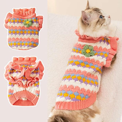 Small Dog Sweater, Knitted Tulip Cat Sweater, Warm Thick Holiday Puppy Clothes for Small Dog Girl,Cold Weather Outfit for Kitten Chihuahua Yorkie Teacup Dachshund Pug (Pink, X-Small)
