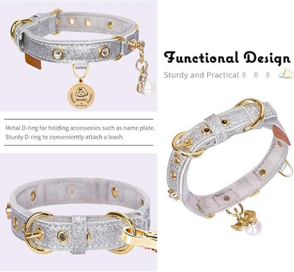 PetsHome Cat Collar, Dog Collar, [Bling Rhinestones] PU Leather Adjustable Pet Collar with Luxury Pendant for Cat and Small Dog Extra Small Silvery