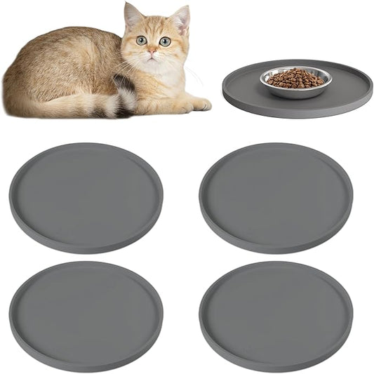 4 PCS Thickened Pet Silicone Food Mat, Nonslip Waterproof Cat Dog Feeding Bowl Mats with Raised Edges for Food and Water Prevent Spills, Round Eating Tray for Floors, Puppy Kitten, 10'' x 10''