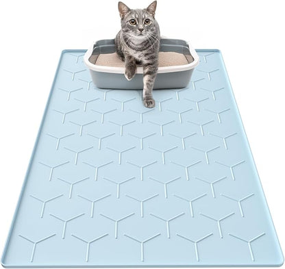 Silicone Cat Litter Trapping Mat, Large Waterproof 34" X 22" Cat Litter Box Mat, Easy to Clean, Blue