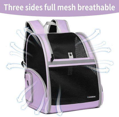 Cat Backpack Carrier for Small Dogs and Medium cat Puppy Kitten Bunny Pet Carrier Backpack Collapsible with Fully Ventilated Mesh with Safety Leash (Purple, 12.9" L x 10.62" W x 15.5" H - M)