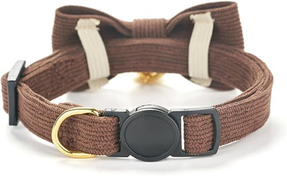 2 Pack Soft Corduroy Cat Collars with Bow Tie & Bell, Adjustable Breakaway Cotton Kitty Bowtie Collar for Male Boy Cats (Black & Brown)