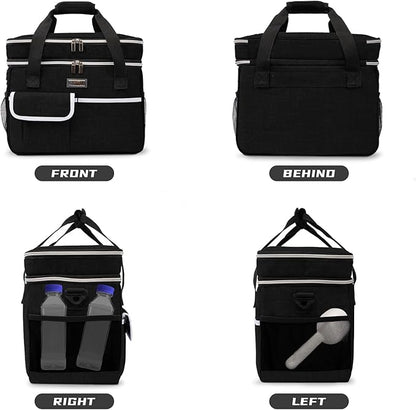 BAGLHER Dog Travel Bag for Supplies - Double-Layer Airline Approved Weekend Pet Travel Organizer Set for Dog and Cat Tote with 2 Pet Food Containers and 2 Collapsible Silicone Bowls Black