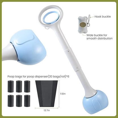 Dog Pooper Scooper Portable with Bag Attachment, One Handed Foldable Design, Includes 120 Waste Bags and Dispenser, 28 Inch Handle for Grass Yard Gravel Cleanup (Blue)