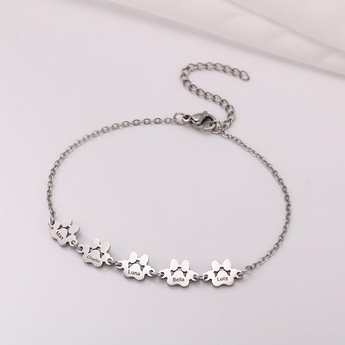 MeMeDIY Personalized Paw Print Bracelet for Women Engraved 1-5 Names Dog Cat Pet Paw Bracelet Adjustable Chain Dog Jewelry Memorial Gifts for Pet Lovers