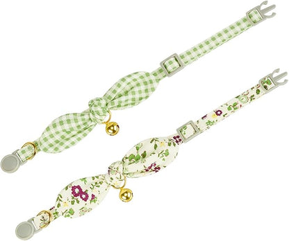 Bowtie Cat Collar with Bell, 2 Pack Cotton Breakaway Kitten Collars with Removeable Bow Stylish Cat Collars, Floral Green & Plaid