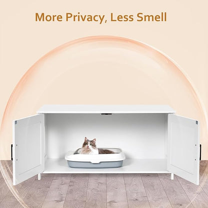 Homhedy 39.4" L Cat Litter Box Enclosure, Pet House with Barn Door, Wooden Cat Washroom Furniture, Fit Most of Litter Box, White