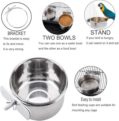 PINVNBY Parrot Feeding Cups Birds Food Dish Stainless Steel Parrot Feeders Water Cage Bowls with Clamp Holder for Cockatiel Conure Budgies Parakeet Macaw Small Animal Chinchilla Pack of 6
