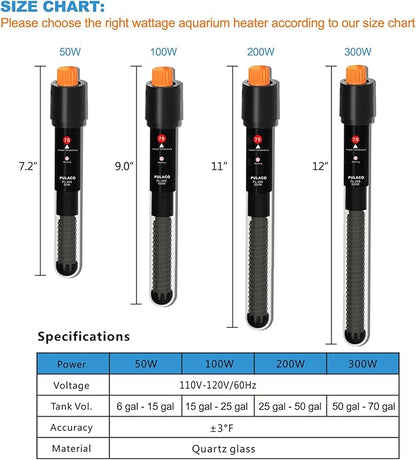 PULACO 200Watt Aquarium Heater for 25-50 Gallon Fish Tank, Adjustable Submersible Heater Thermostat with Thermometer Strip and Suction Cup