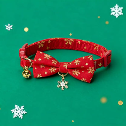Christmas Cat Collar 2 Pack Cotton Bowtie Cat Collars Glittery Snowflakes Cute Kitten Collar(Red+Green)