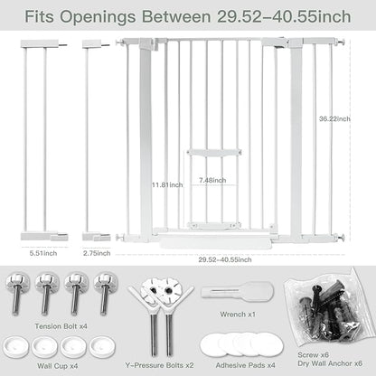 37 Inch Tall Baby Gate with Cat Door, Adjustable 29.55" and -40.55" Wide Auto Close Dog Gate Pressure Mounted Safety Pet Gate for Stairs, Doorway, House