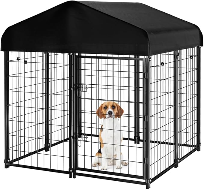 Dog Kennel Outdoor with Roof, 4'x4.2'x4.5' Welded Wire Dog Enclosures for Outside, Heavy Duty Dog Crate with UV-Resistant Waterproof Cover