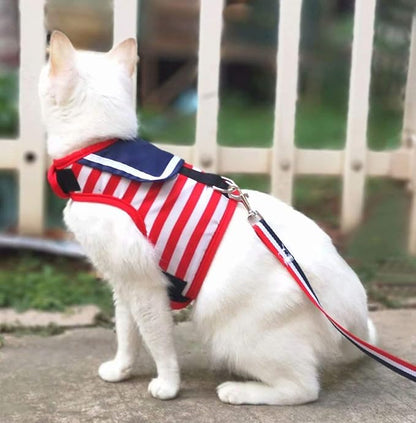 Cat Harness and Leash for Walking Escape Proof, Adjustable Cat Vest Harness, Padded Stylish Cat Walking Jackets, Sailor Suit Red, X-Small
