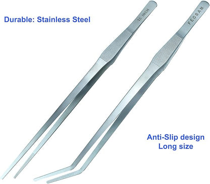 Aquarium Aquascape Tools Kit + Brush - 15 inch Stainless Steel Aquatic Tweezers/Feeding Tongs, Scissors, Spatula, Algae Scraper, Rake for Fish Tank Cleaning Scrubbing, Trimming, Terrarium Supplies