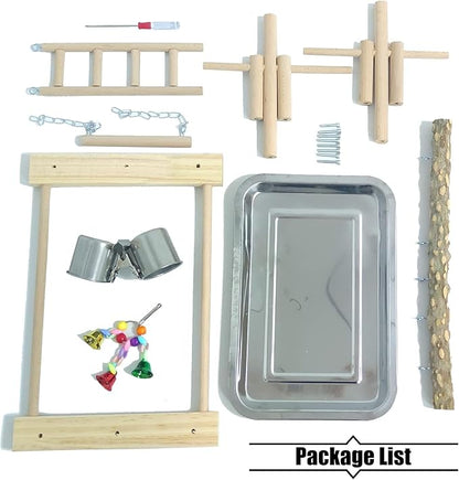 PINVNBY Bird Playground Parrot Playstand Birds Play Stand Wood Exercise Perch Gym Stand Playpen Ladder with Feeder Cups Hanging Swing Toys for Parakeet Conure Cockatiel Budgie Cage Accessories