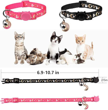 Baeuppit 2PCS Breakaway Cat Collars with Bell Moons Stars Cute Kitty Adjustable Safe Kitten Collars with Pendant Glow in The Dark(Black&Pink)