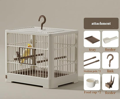 Travel Bird Cage Bird Travel Carrier Ornamental Birdcages Features Standing Pole Detachable Tray & Hook Handle for Parakeets (Gray)