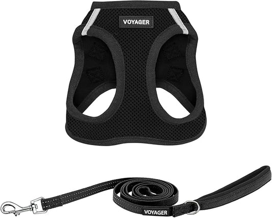 Best Pet Supplies Voyager Step-in Air All Weather Mesh Harness and Reflective Dog 5 ft Leash Combo with Neoprene Handle, for Small, Medium and Large Breed Puppies - Set (Black), XS