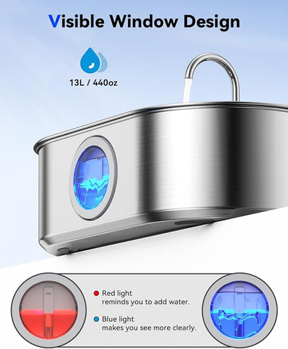3.4Gal Dog Water Fountain for Large Dogs, 13L Stainless Steel Large Pet Fountain with Deeper & Wider Drinking Area, Automatic Dog Water Bowl Dispenser with Water Window (with 3 Filters)