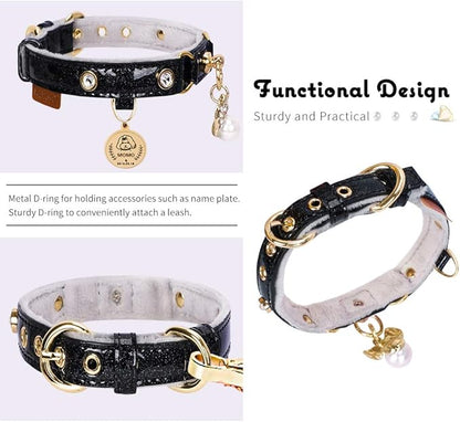 PetsHome Cat Collar, Dog Collar, [Bling Rhinestones] PU Leather Adjustable Pet Collar with Luxury Pendant for Cat and Small Dog Extra Small Black