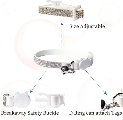 Rhinestone Cat Collar Breakaway Safety Buckle with Bell, Adjustable Diamond Girl Boy Kitty Cute Comfy Collar for Kitten Small Pets Rabbits, 7.5"-11" White
