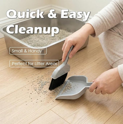 4-in-1 Cat Litter Scoop with Holder, Cat Litter Box Organizer Cleanup Kit - Sweeper & Dustpan, Aluminum Kitty Litter Scooper and Storage Caddy (Gray)